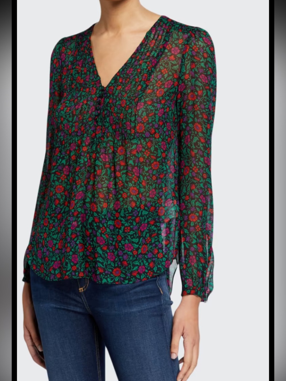 Veronica beard SZ 4, Lowell pintuck sheer floral long sleeve blouse.